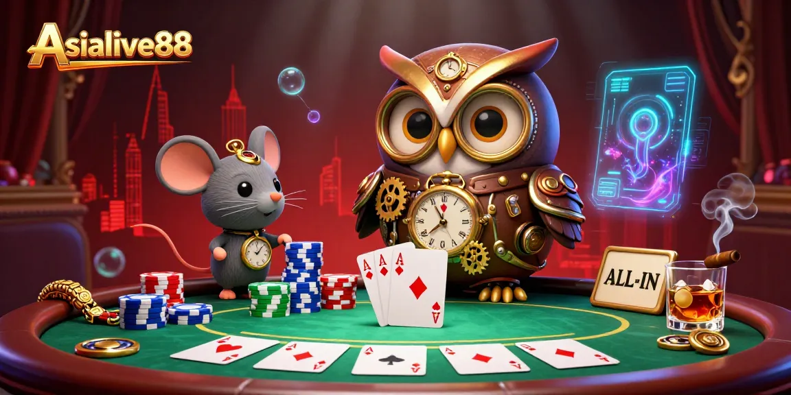 Experience thrilling games at Asialive88 with a vibrant 3D casino illustration highlighting poker and steampunk themes.