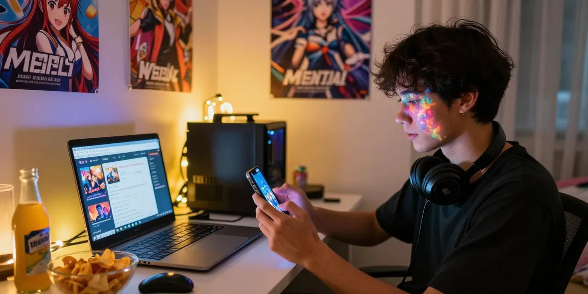 Engaged player enjoying mobile hentai games in a cozy bedroom setting.