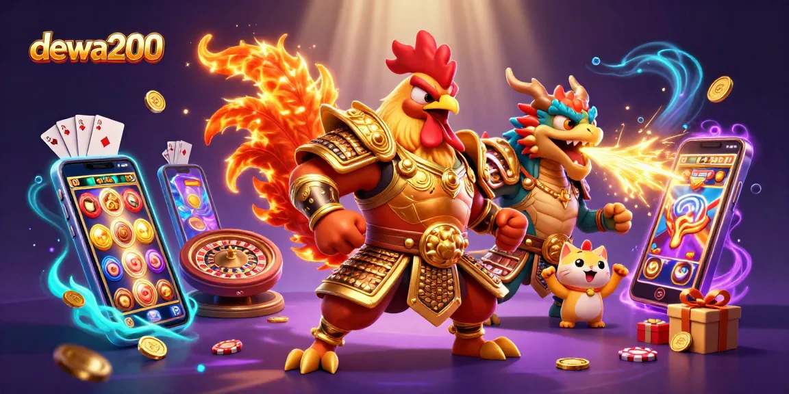 Gambar dewa200 menampilkan ayam petarung dan naga kecil di kasino dengan efek magis.