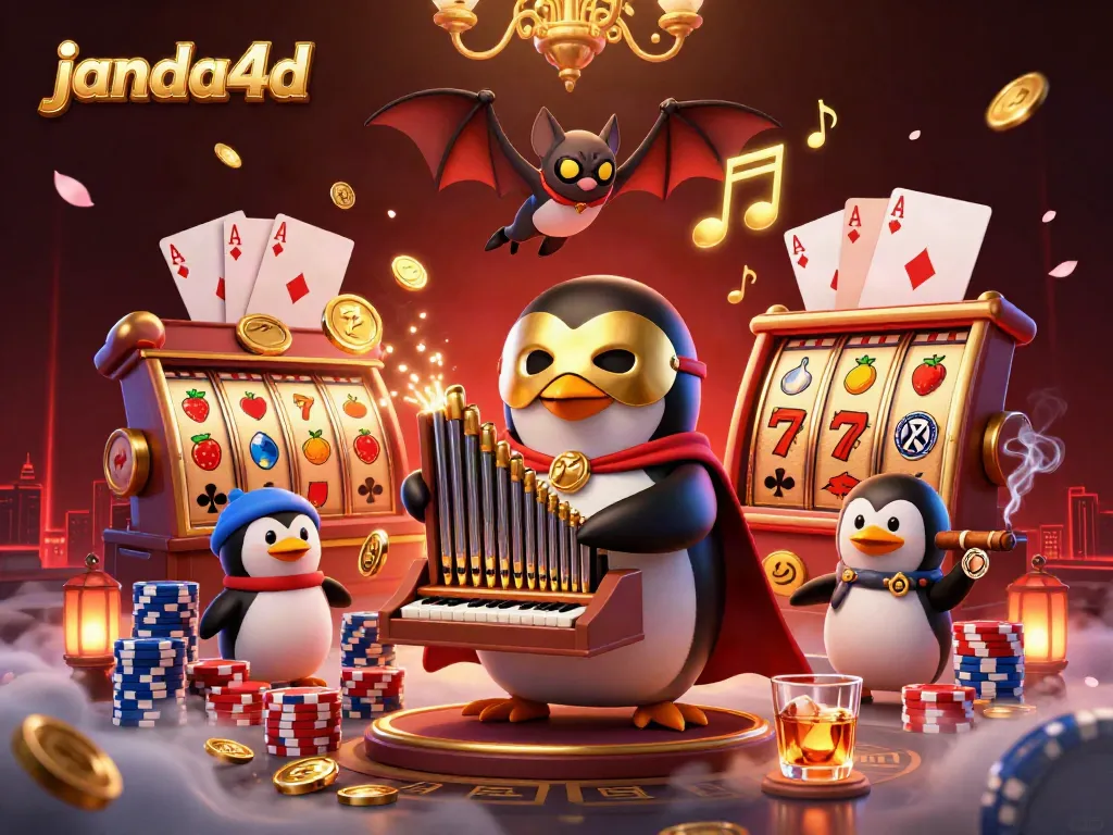 Permainan slot di janda4d dengan karakter penguin dan elemen kasino lainnya, menciptakan suasana megah.