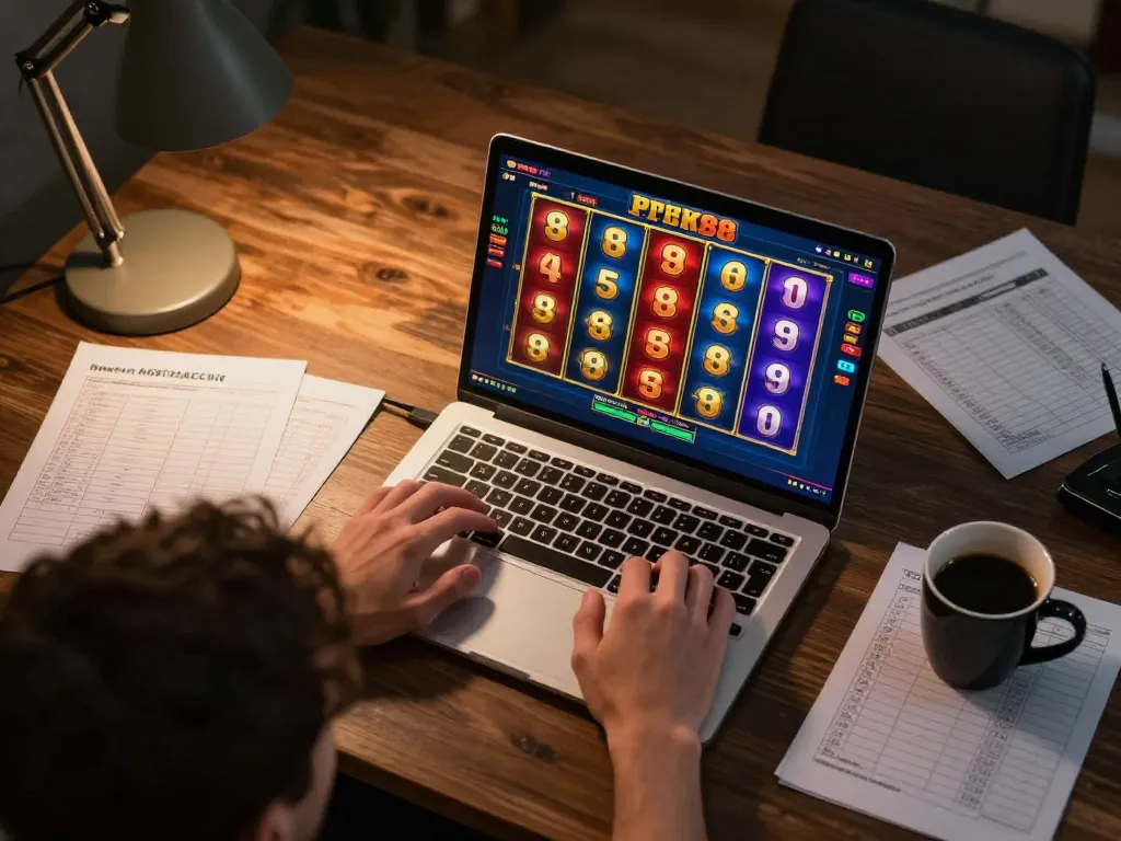 Player enjoying an exciting slot88 game online while managing bankroll and strategy notes.