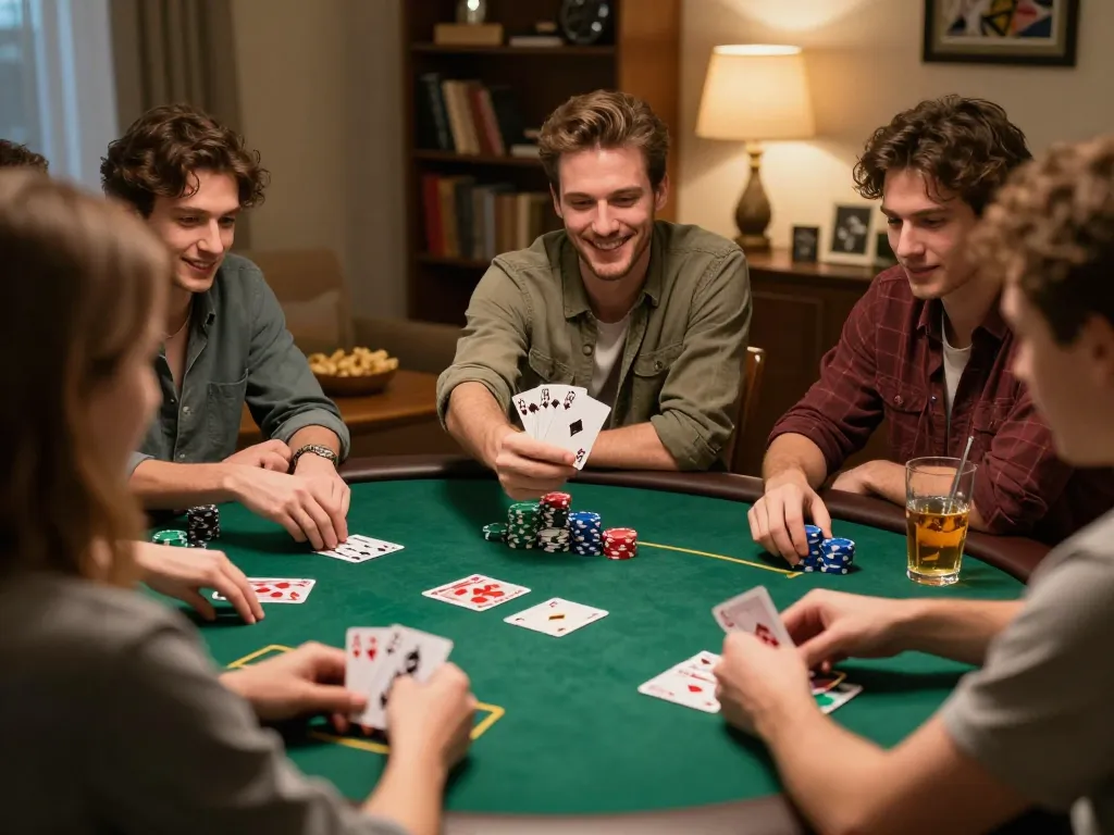 Nhóm bạn bè ăn mừng chiến thắng trong khi chơi poker, thể hiện các chiến lược của lucks8 trong một không gian ấm cúng tại nhà.