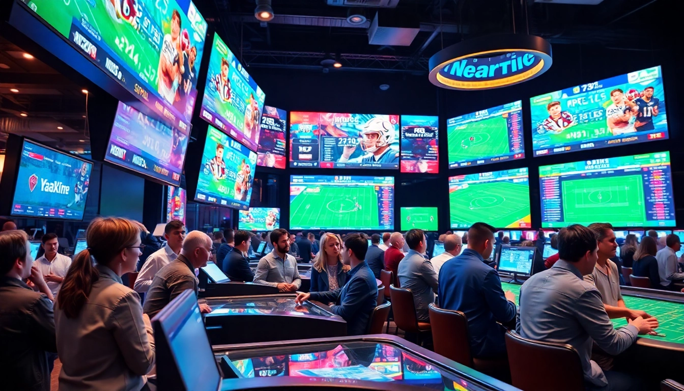 Engaging scene of Sports Betting enthusiasts placing wagers in a vibrant, action-packed environment.