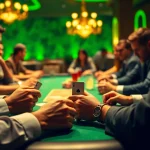 Engaged players at a poker game table featuring intense expressions and colorful chips.