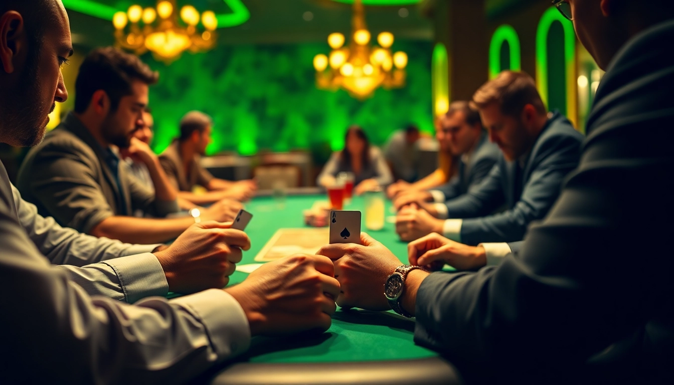 Engaged players at a poker game table featuring intense expressions and colorful chips.