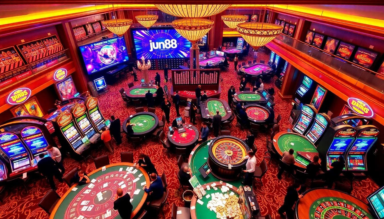 Exciting gameplay at nhà cái jun88 casino with vibrant tables, players, and slot machines.