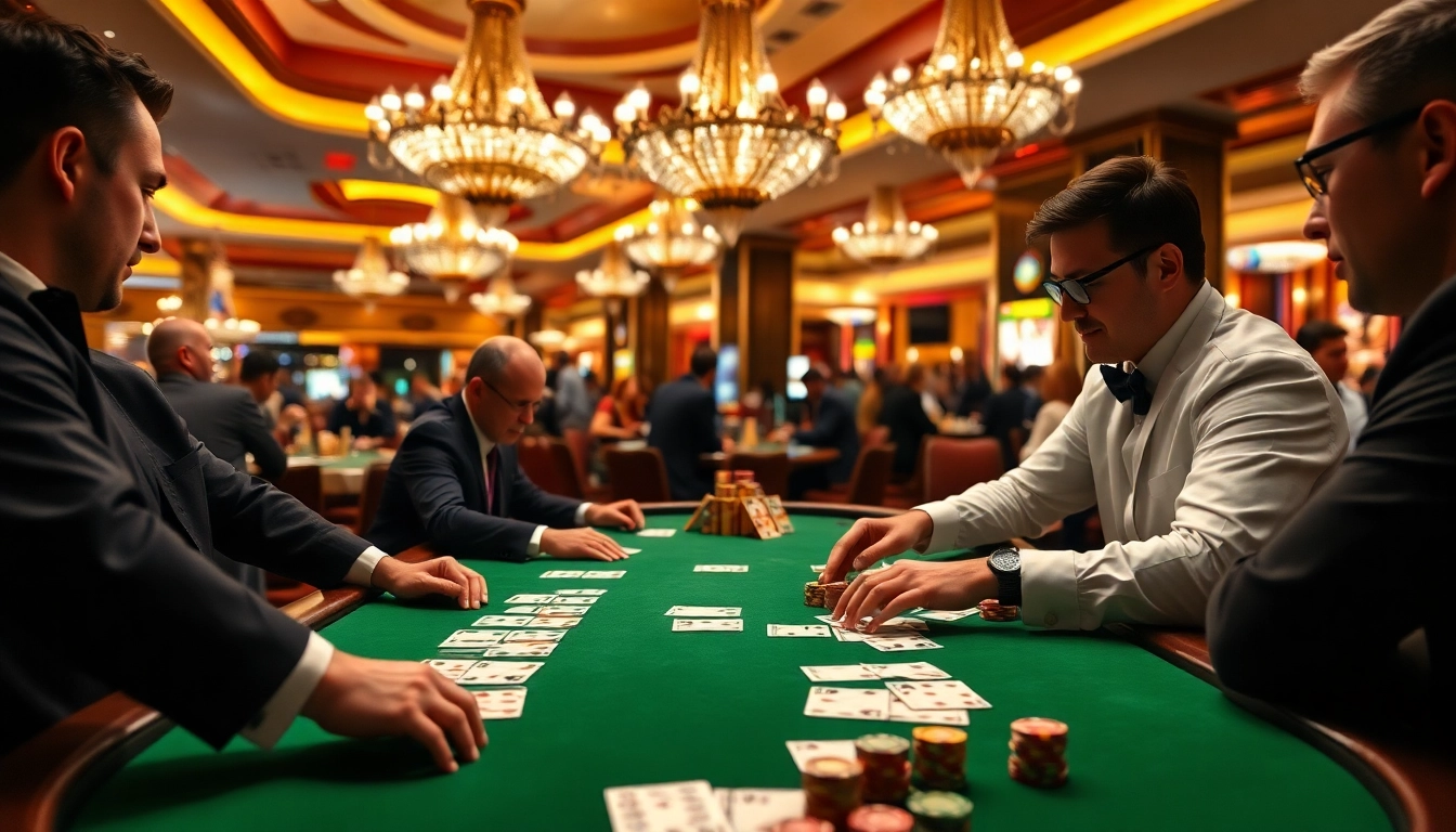 Engaged players strategizing in a vibrant Blackjack Casino atmosphere with chips and cards in action.