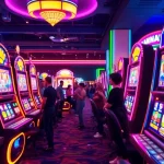 Slot Game menampilkan mesin slot berwarna-warni dengan pemain yang antusias.