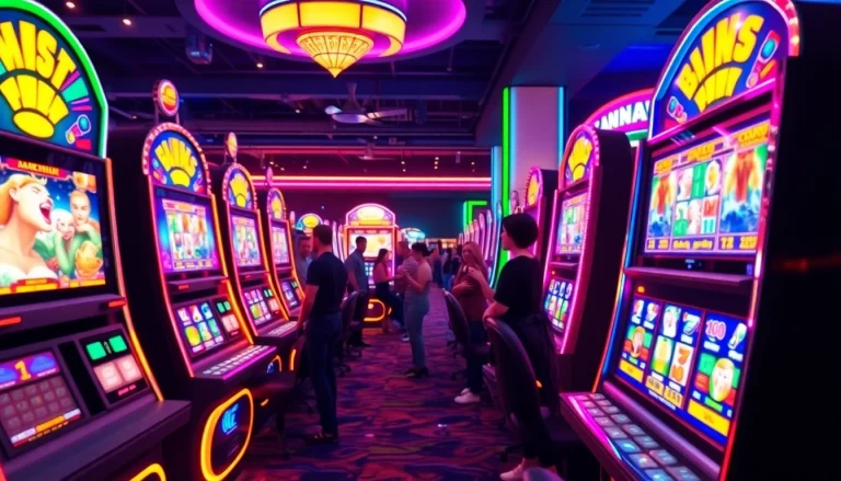 Slot Game menampilkan mesin slot berwarna-warni dengan pemain yang antusias.