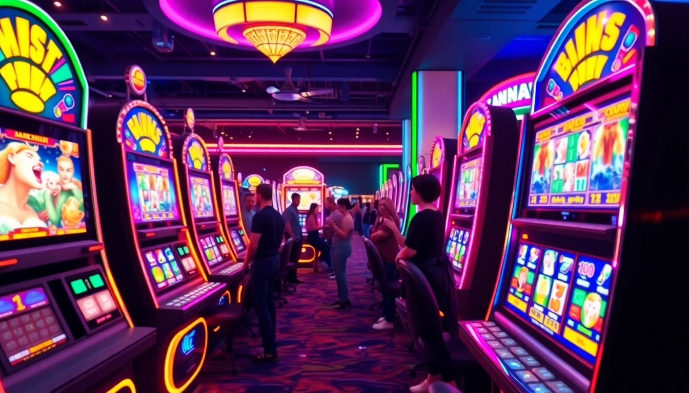 Slot Game menampilkan mesin slot berwarna-warni dengan pemain yang antusias.