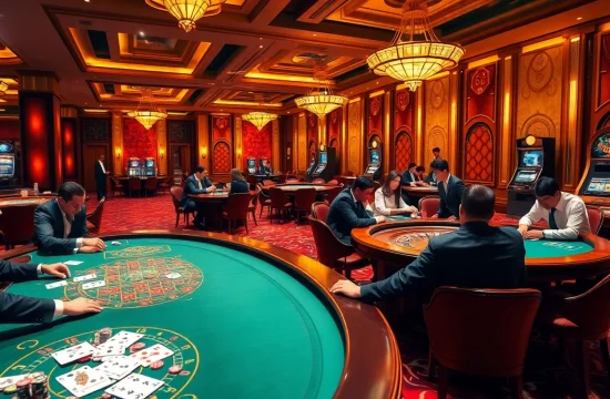 A dynamic casino scene featuring nhà cái xx88 players at poker tables, surrounded by high-stakes excitement and luxury elements.
