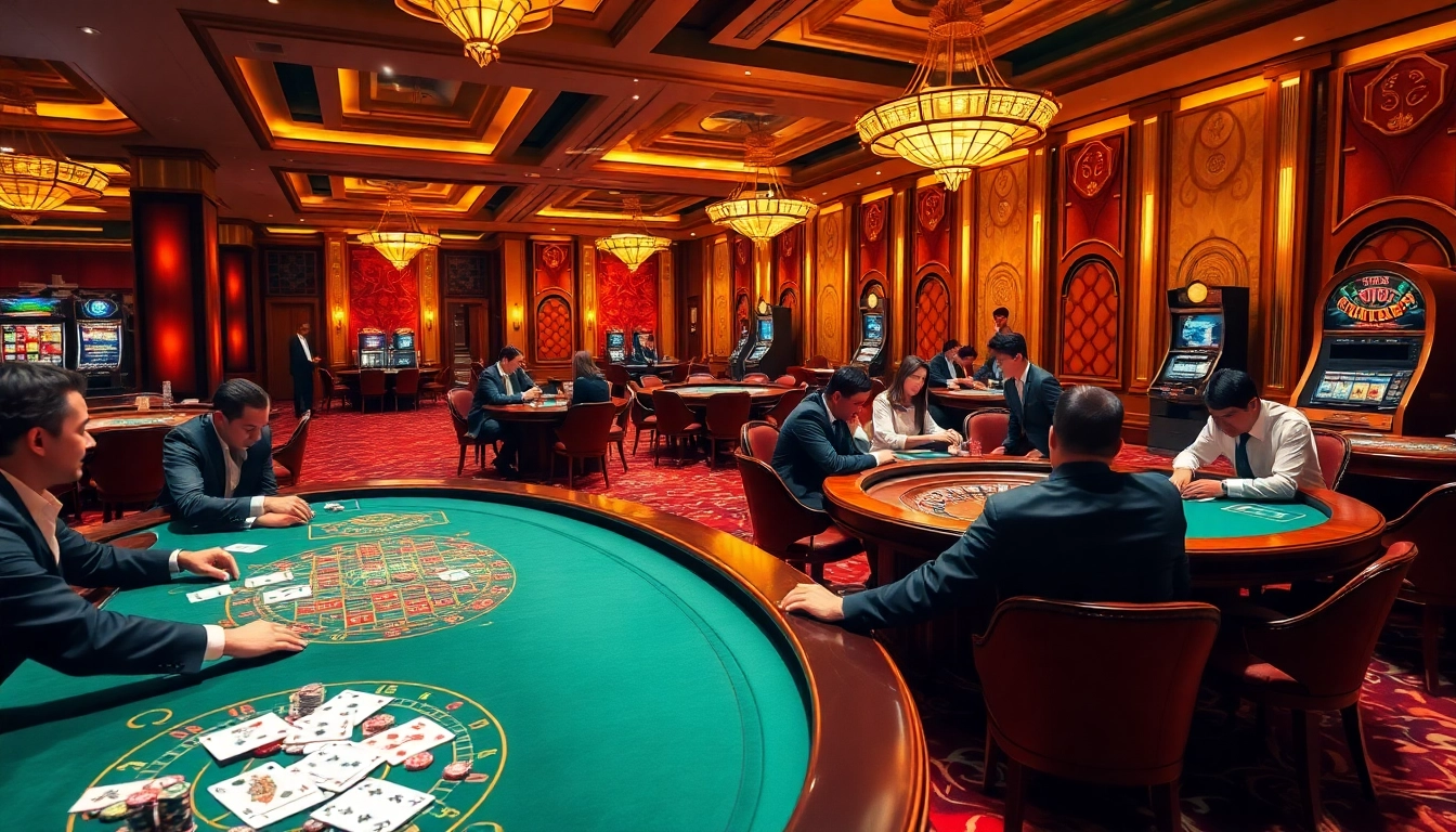 A dynamic casino scene featuring nhà cái xx88 players at poker tables, surrounded by high-stakes excitement and luxury elements.