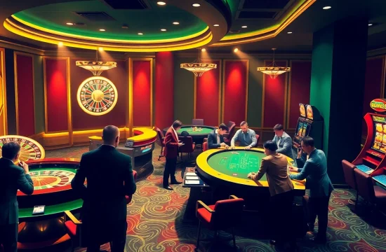 Experience the thrill of QQ888 with vibrant casino action, roulette wheels, and excited gamblers.