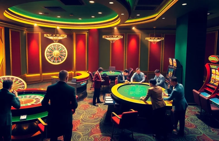 Experience the thrill of QQ888 with vibrant casino action, roulette wheels, and excited gamblers.