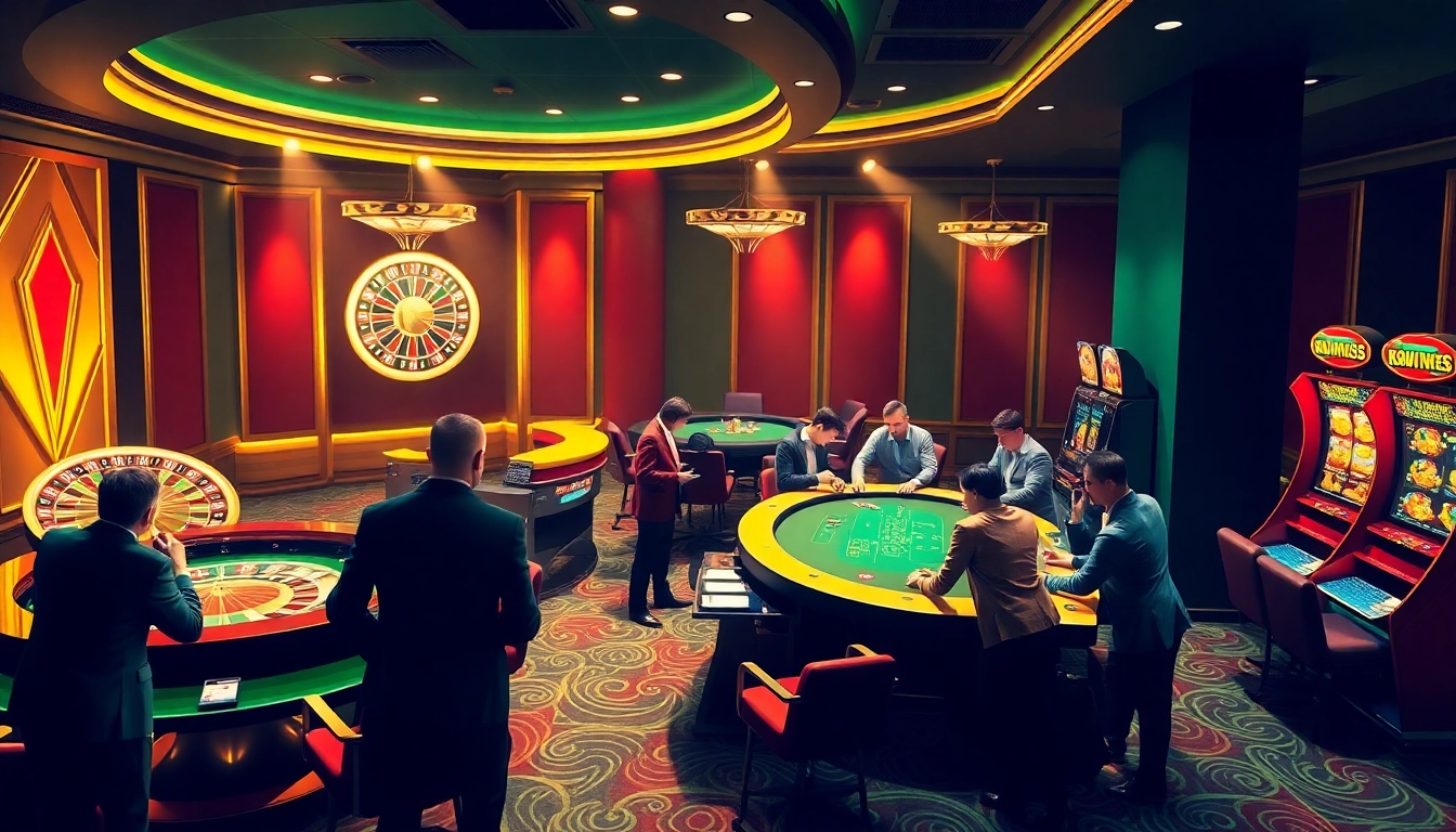 Experience the thrill of QQ888 with vibrant casino action, roulette wheels, and excited gamblers.