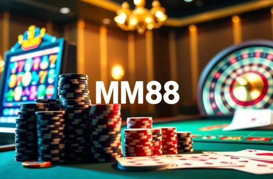 Experience thrilling gambling at https://mm88.vegas/ with vibrant slots, poker chips, and a roulette wheel.