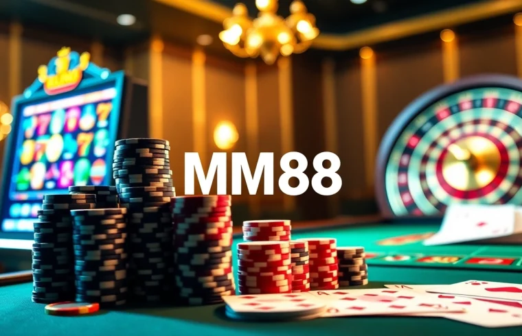 Experience thrilling gambling at https://mm88.vegas/ with vibrant slots, poker chips, and a roulette wheel.