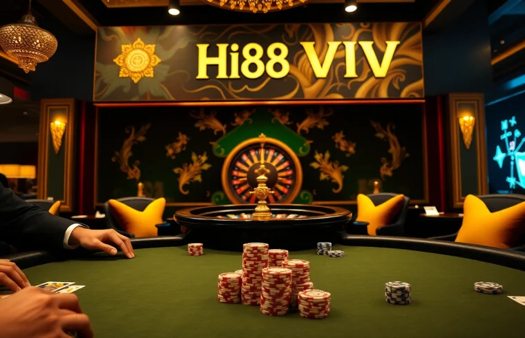 Hi88 VIP poker game featuring luxurious setups and high-stakes excitement in a vibrant casino.