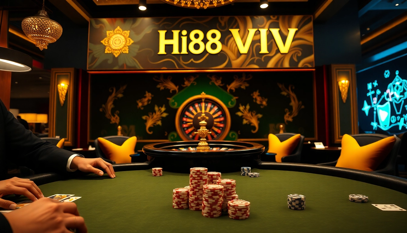 Hi88 VIP poker game featuring luxurious setups and high-stakes excitement in a vibrant casino.
