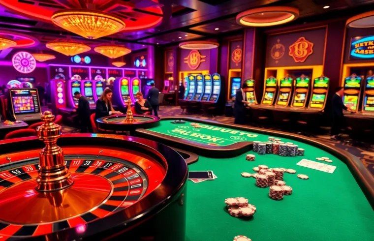 Online gambling excitement at https://mm88.sa.com/ with vibrant casino tables and a roulette wheel.