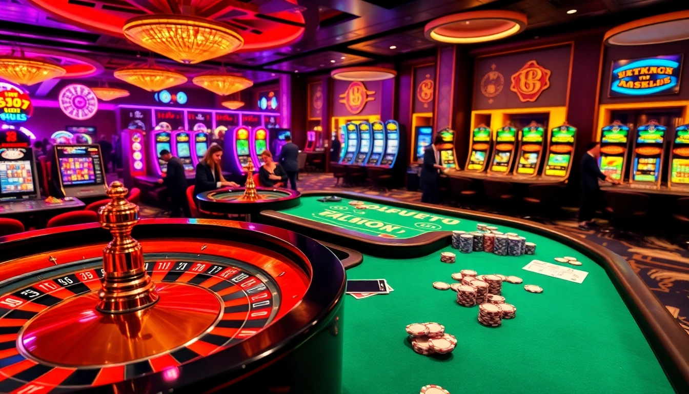 Online gambling excitement at https://mm88.sa.com/ with vibrant casino tables and a roulette wheel.