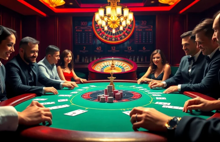 Players engaging in high-stakes gambling at Nhà Cái BJ888 with poker chips and cards