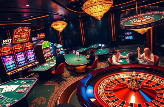 RR 88 players enjoying a thrilling gaming session at luxurious casino tables with vibrant slot machines.