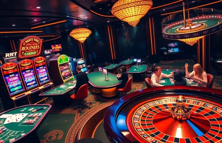 RR 88 players enjoying a thrilling gaming session at luxurious casino tables with vibrant slot machines.