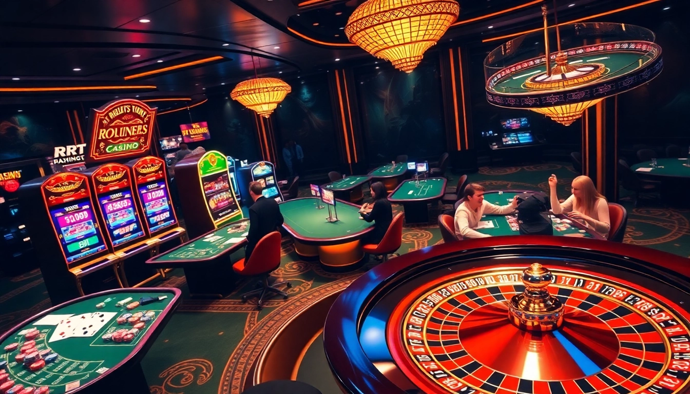 RR 88 players enjoying a thrilling gaming session at luxurious casino tables with vibrant slot machines.