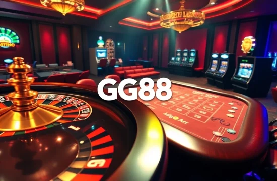 Experience the thrill of betting at GG88 with dazzling casino elements like chips and a roulette wheel.