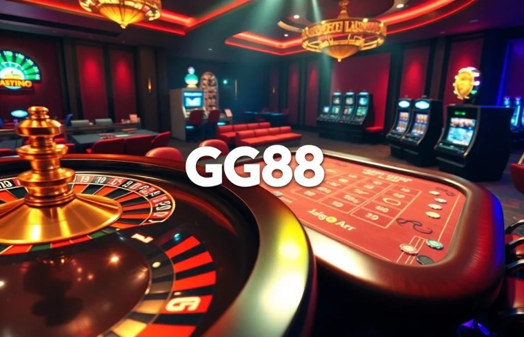 Experience the thrill of betting at GG88 with dazzling casino elements like chips and a roulette wheel.