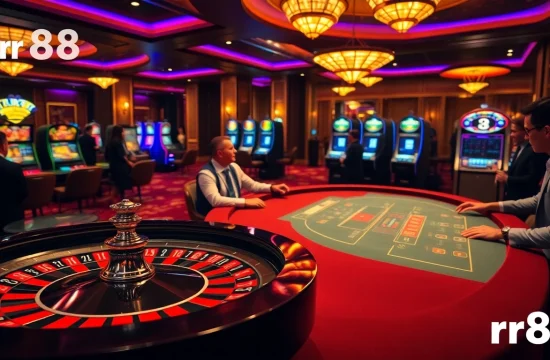 Exciting casino action showcasing rr88 link with roulette and poker tables in a vibrant setting.