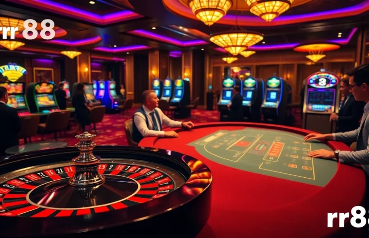 Exciting casino action showcasing rr88 link with roulette and poker tables in a vibrant setting.
