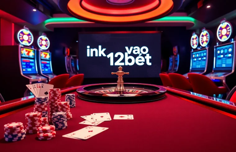 Experience thrilling gambling with online casino visuals featuring ink vao 12bet amidst elegant poker chips and roulette.