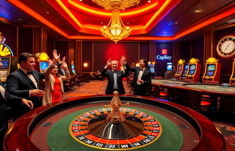 Excited players at CF789 celebrate winning at a luxurious casino roulette table.