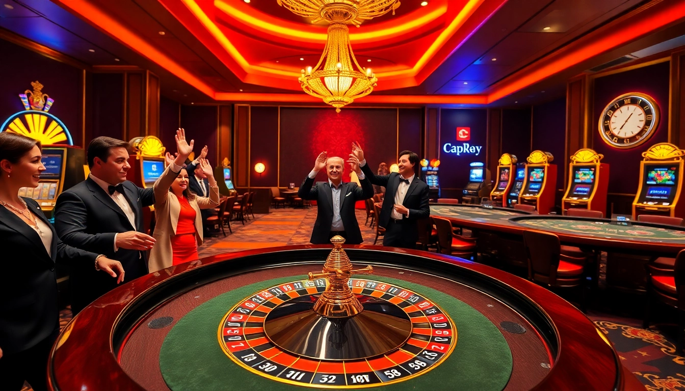 Excited players at CF789 celebrate winning at a luxurious casino roulette table.
