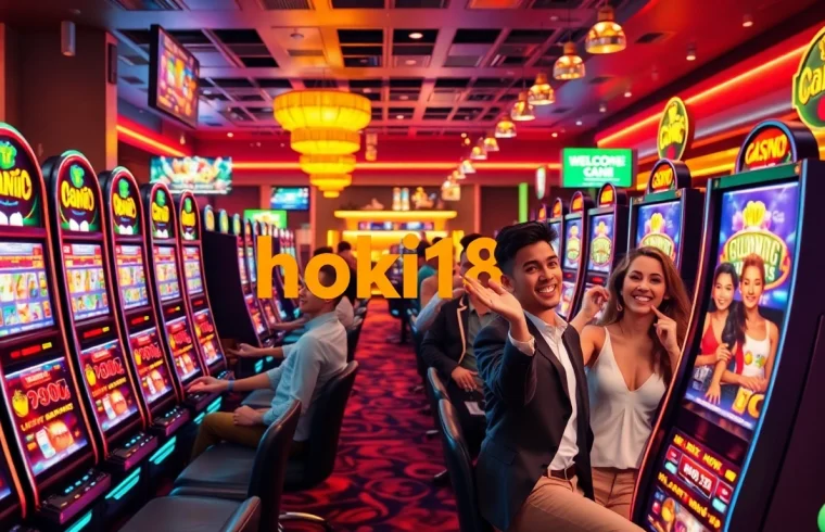 Exciting online casino scene with players enjoying hoki138 slot games and vibrant atmosphere.