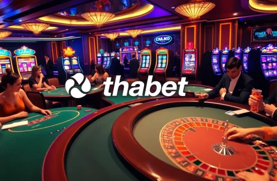 Thrilling gameplay at thabet casino with elegant players at poker and roulette tables.
