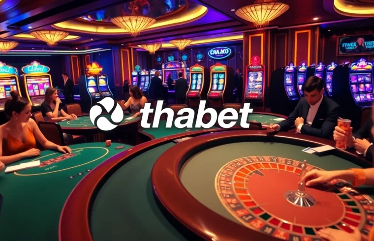 Thrilling gameplay at thabet casino with elegant players at poker and roulette tables.