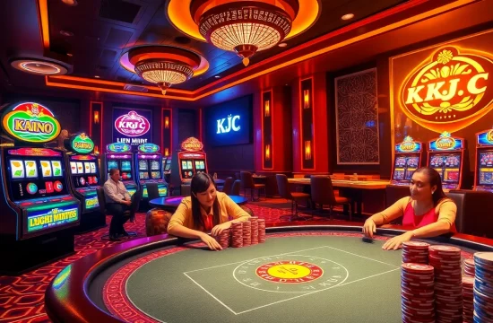 Experience the excitement of LIÊN MINH KJC at a vibrant casino showcasing poker and slot games.