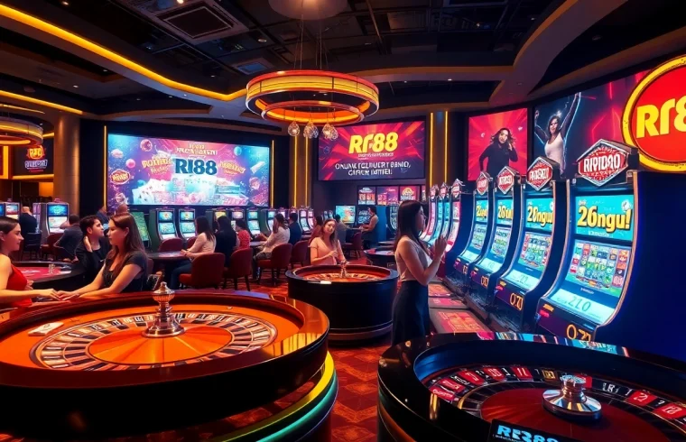 RR88 players celebrating wins at an upscale casino table, showcasing excitement and thrilling gaming.