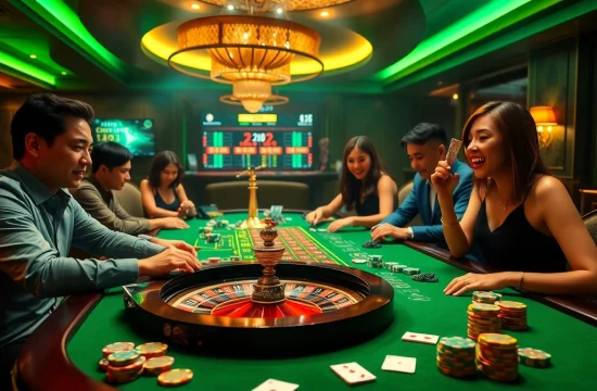 Experience the excitement of nhà cái jbo with a luxurious casino scene featuring poker chips and a roulette wheel.