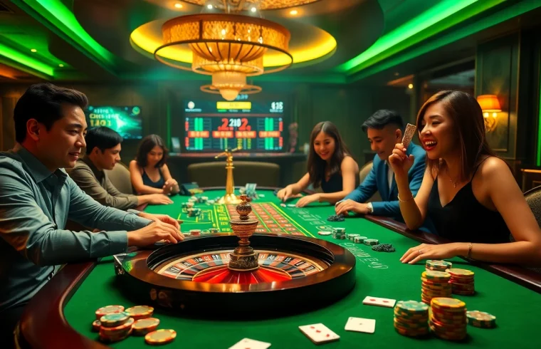 Experience the excitement of nhà cái jbo with a luxurious casino scene featuring poker chips and a roulette wheel.