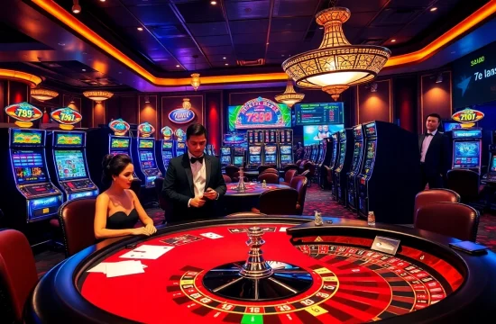Engaging casino atmosphere highlighting 789f nhà cái, featuring poker action and colorful slot machines.