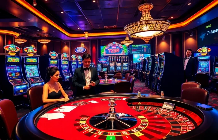 Engaging casino atmosphere highlighting 789f nhà cái, featuring poker action and colorful slot machines.