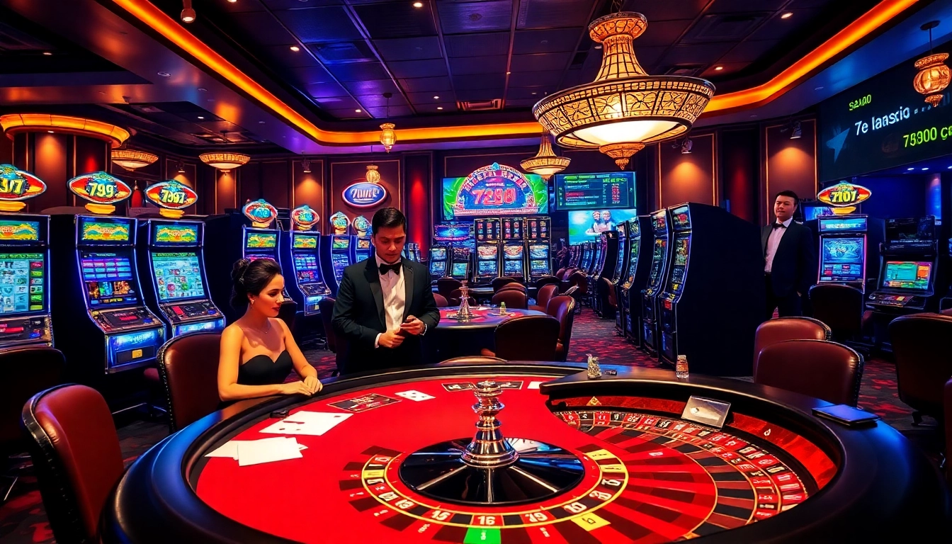 Engaging casino atmosphere highlighting 789f nhà cái, featuring poker action and colorful slot machines.