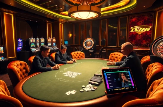 Action-packed poker game scene at https://xx88.vin/ with illuminated tables and professional players.