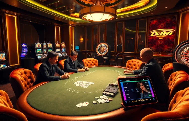 Action-packed poker game scene at https://xx88.vin/ with illuminated tables and professional players.