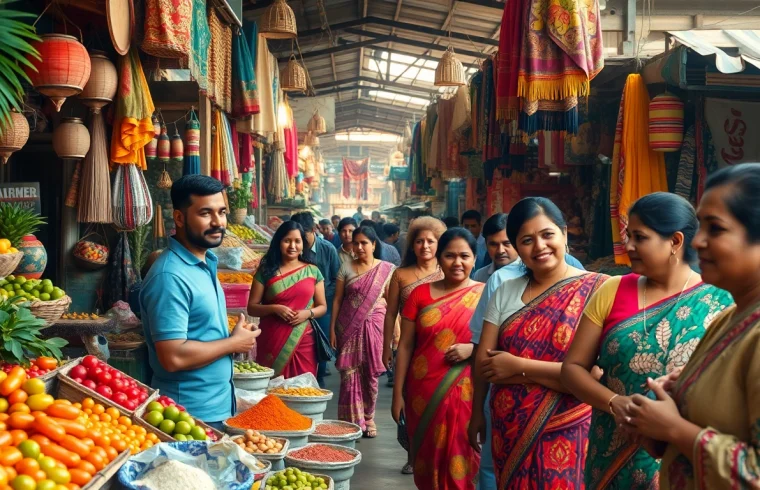 Lanka Ad vibrant marketplace in Sri Lanka with diverse vendors and colorful stalls