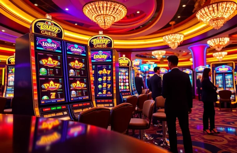 Jelajahi pengalaman bermain luxury777 game yang mewah dengan mesin slot mencolok dan dekorasi kasino megah.